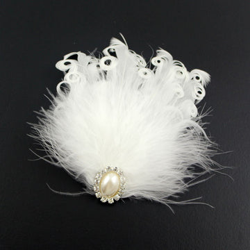 White Ostrich and Curly Feather Bridal Hair Clip & Brooch with Pearl